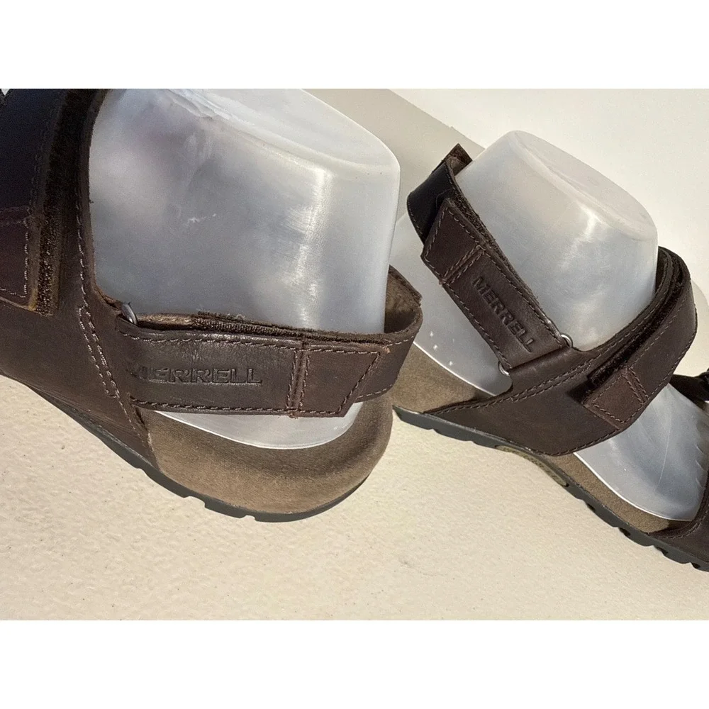 Merrell Mens Air Cushion Brown Leather Adjustable Strap Sport Hiking Sandals 10